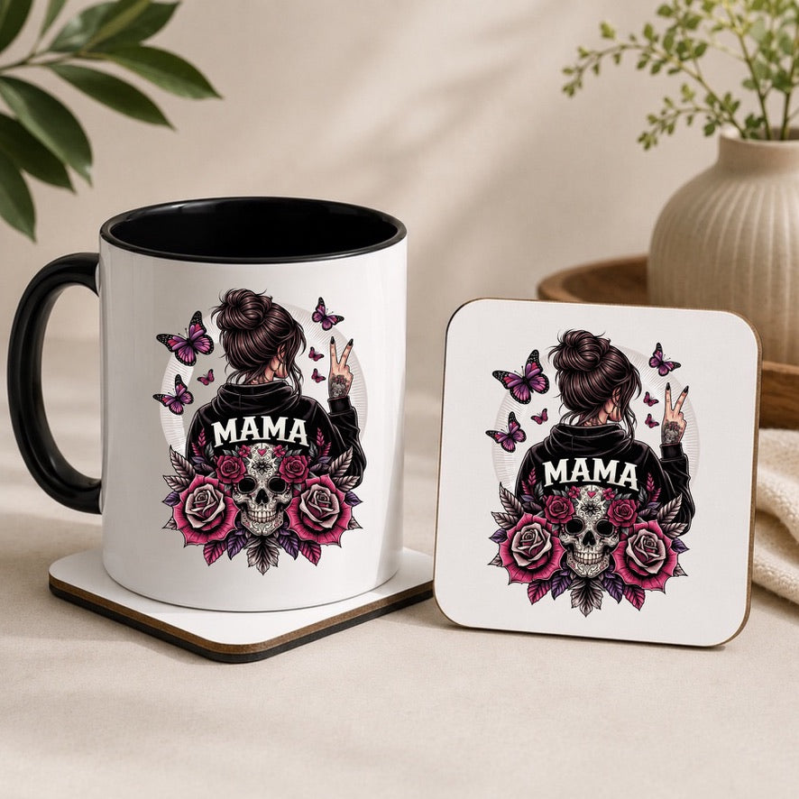 Mama Skull Mug & Coaster Set | Gothic Mama Gift | Floral Skull Coffee Mug | Alternative Mum Gift | Goth Mum Mug | Mother's Day Gift