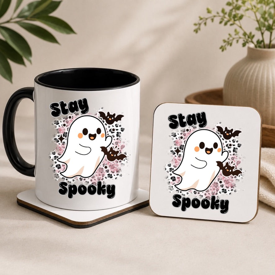Stay Spooky Ghost Mug & Coaster Set | Cute Halloween Mug | Kawaii Ghost Coffee Mug | Spooky Season Mug & Coaster | Halloween Gift | Gothic Home Décor