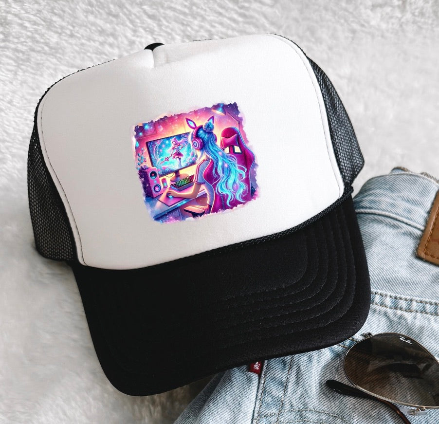 Pink Anime Kids Gamer Girl Trucker Cap | Neon Gaming Cartoon Baseball Hat