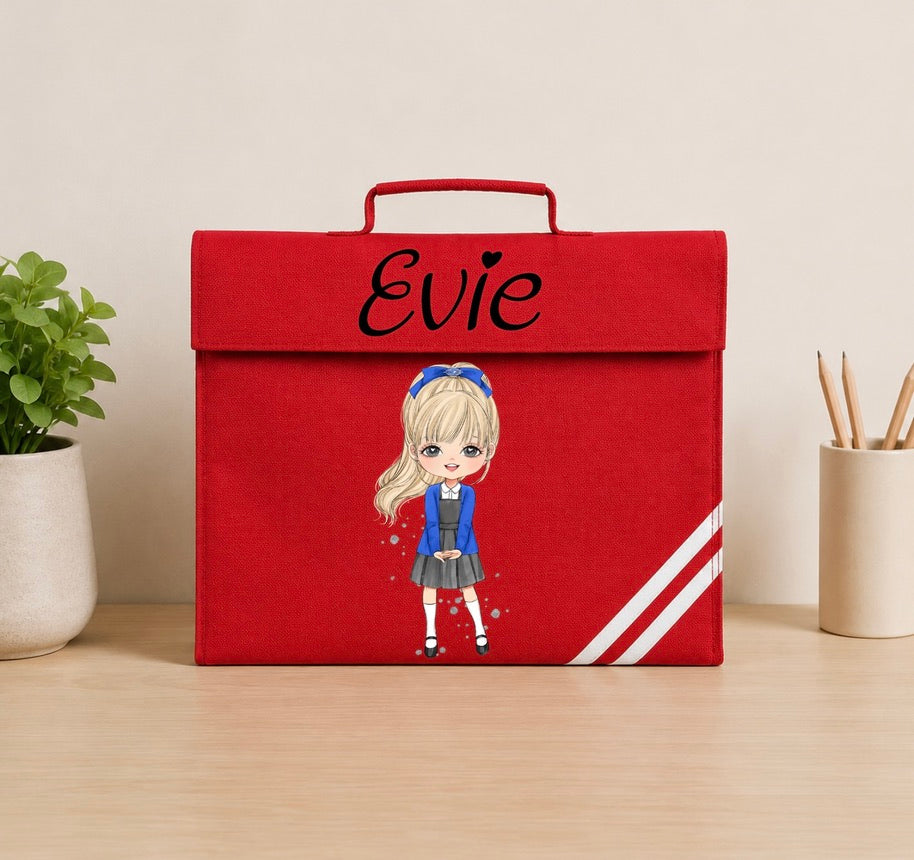 Personalised School Girl With Fringe Book Bag – Custom Chibi Design 🎒✨