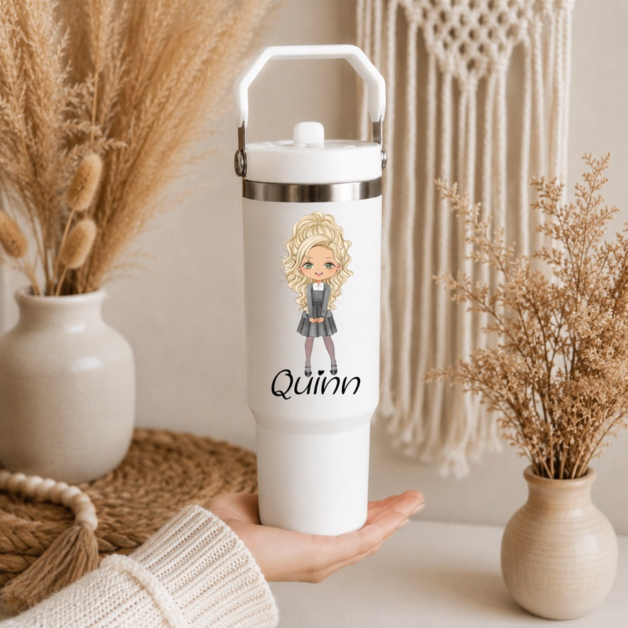 Personalised School Girl 30oz Tumbler | Custom Name School Water Bottle | Insulated Stainless Steel Travel Cup | Back to School Gift