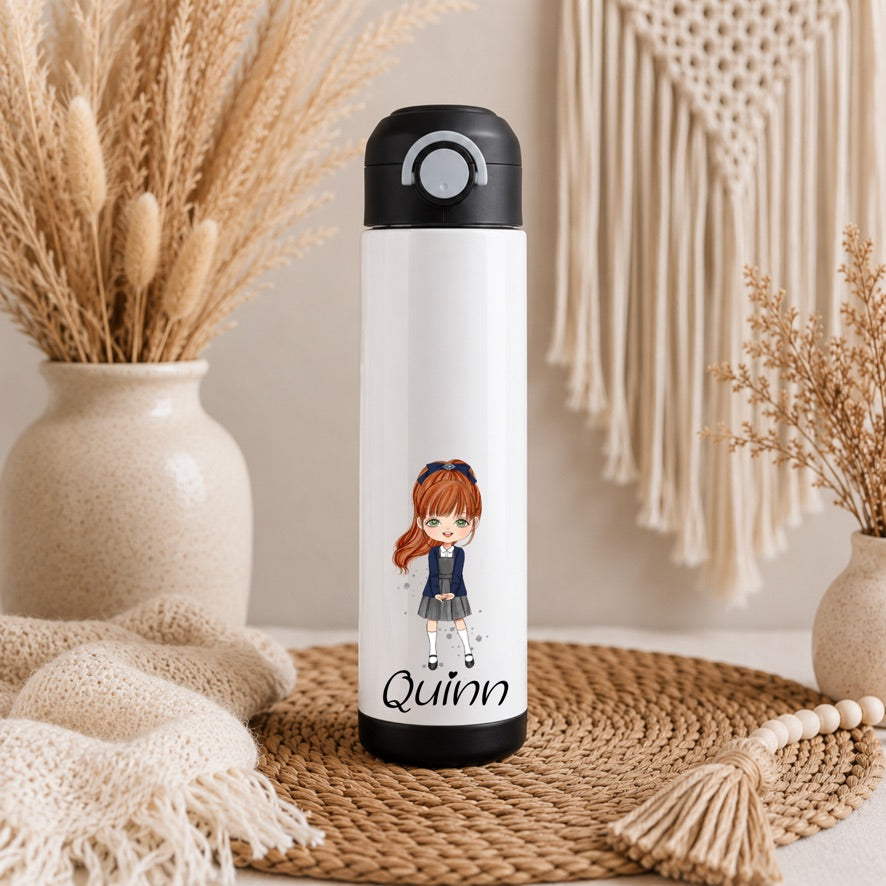 Personalised Fringe School Girl Water Bottle | Custom Name Drinks Bottle | Girls Water Bottle | Reusable School Bottle | Back to School Gift