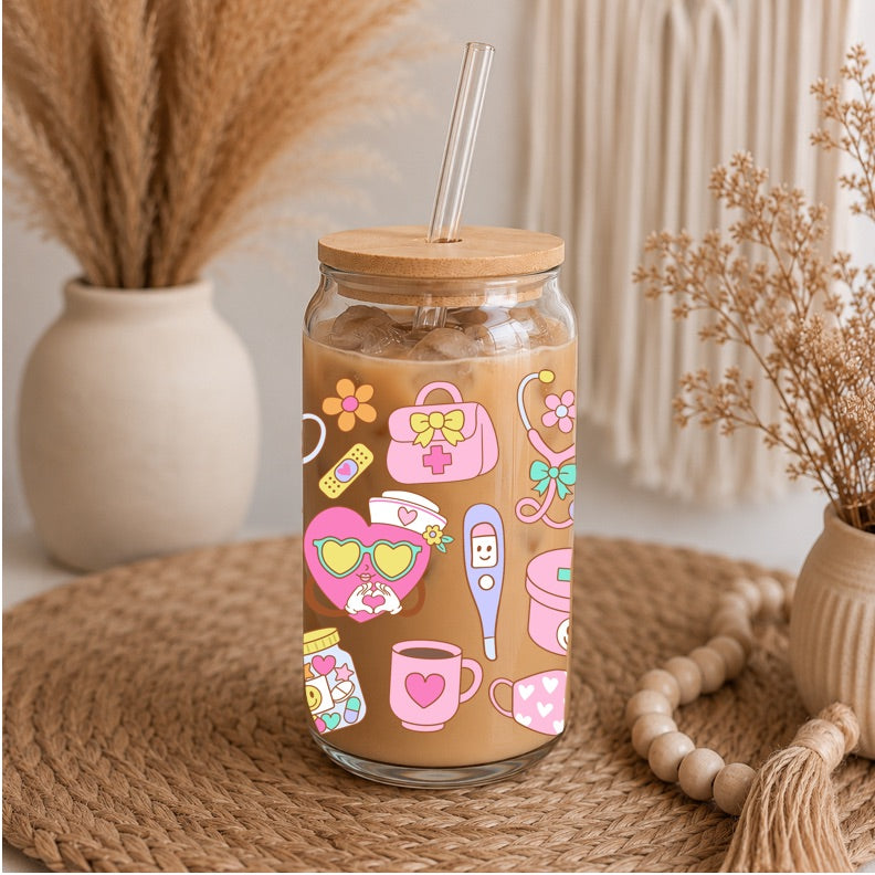 Cute Nurse Libbey Glass | 16oz Iced Coffee Cup | Medical Glass Can | Bamboo Lid & Glass Straw