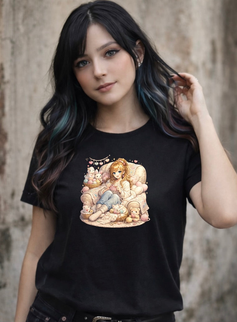Cozy Kawaii Knitting Girl T-Shirt | Cute Anime Aesthetic Graphic Tee