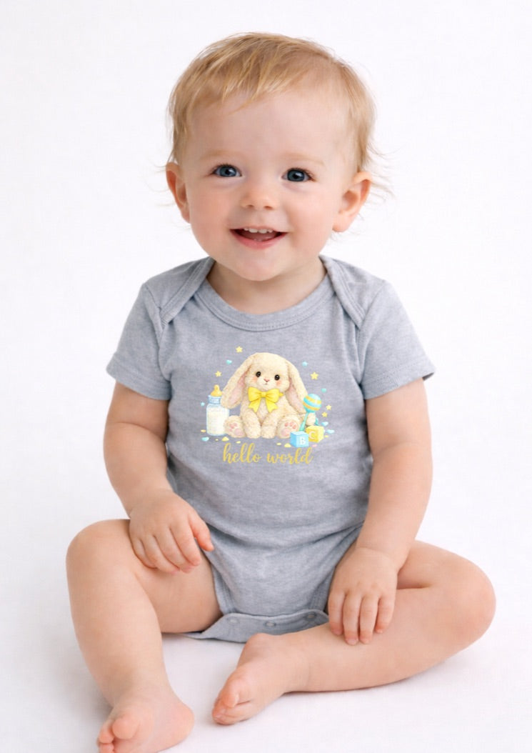 Yellow Hello World Bunny Baby Bodysuit – Cute Newborn Announcement Outfit, Soft Neutral Baby Onesie