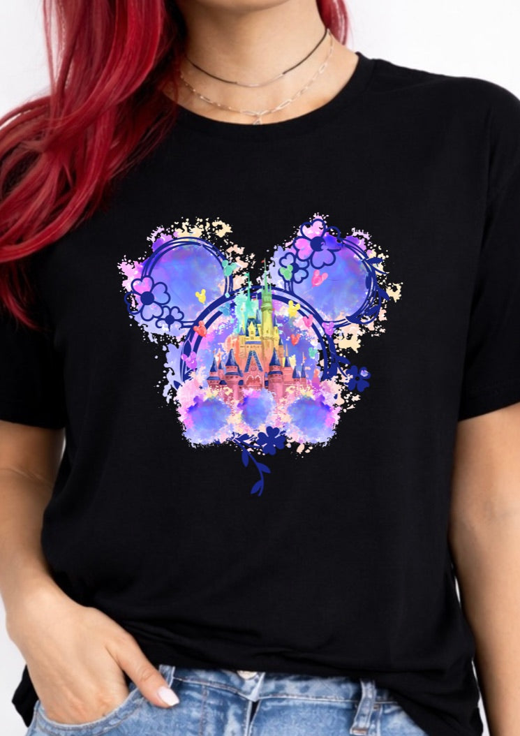 Watercolour Castle Mouse Ears Floral T-Shirt – Magical Theme Park Inspired Graphic Tee