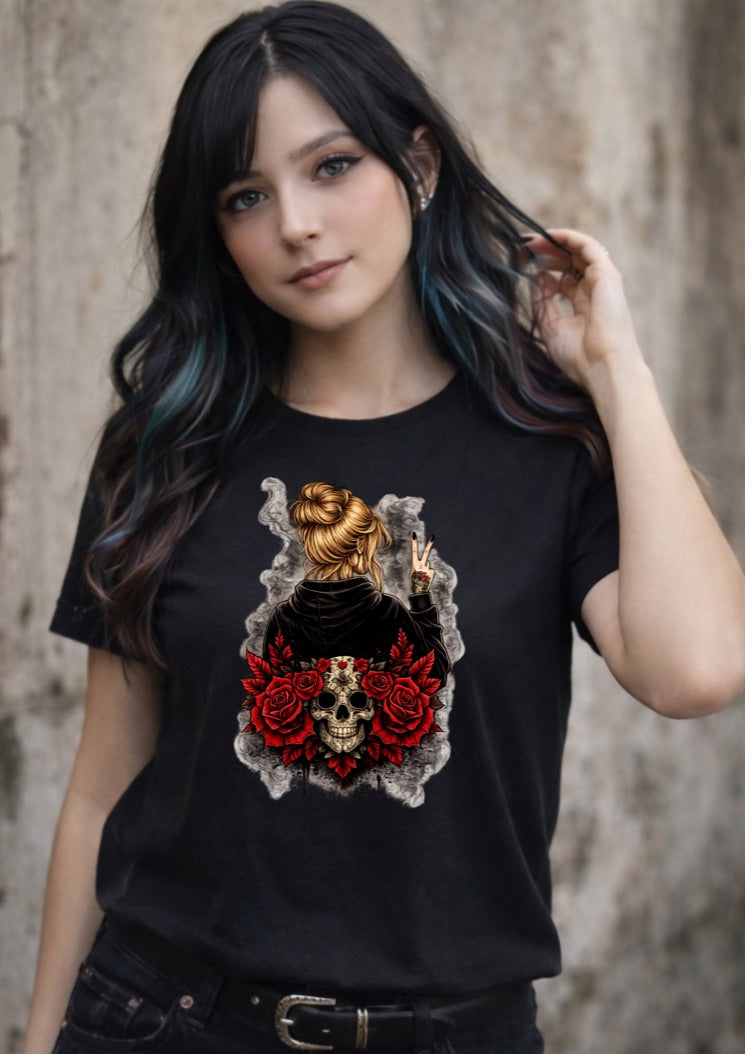 Gothic Skull & Red Roses Graphic T-Shirt – Alternative Peace Sign Girl Unisex Tee -Tattoo-Style Shirt