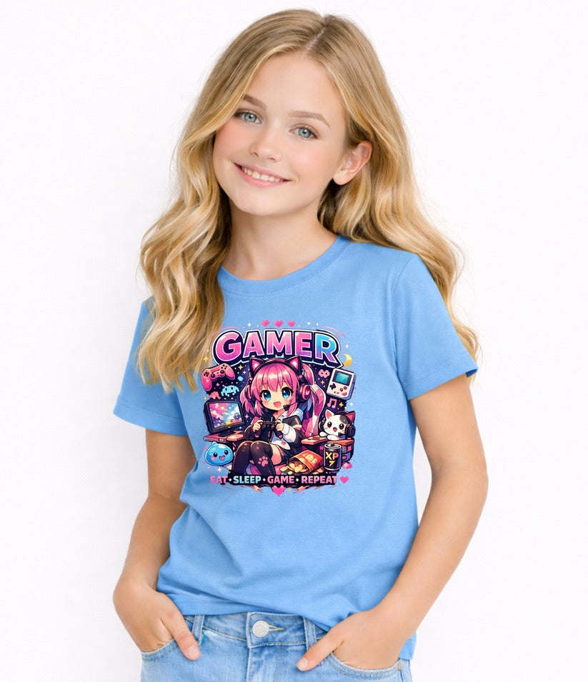 Pink Kids Gamer T-Shirt 🎮 - Cute Gaming Graphic Tee for Boys & Girls - Eat Sleep Game Repeat Youth Shirt