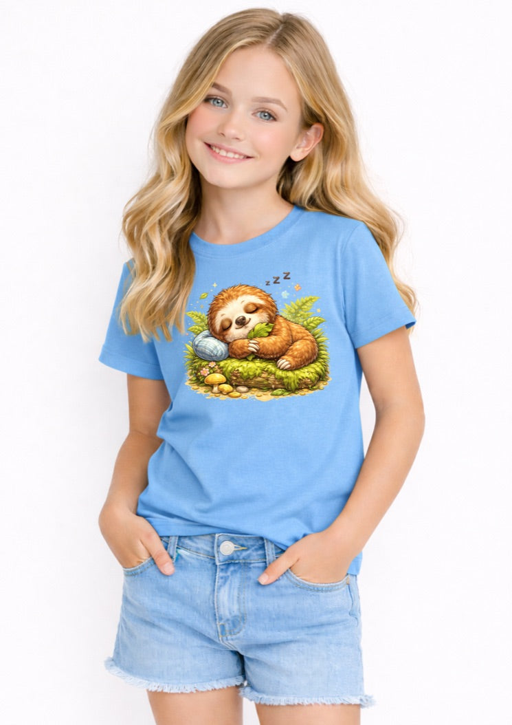 Cute Sleeping Sloth Kids T-Shirt – Adorable Woodland Animal Graphic Tee for Girls