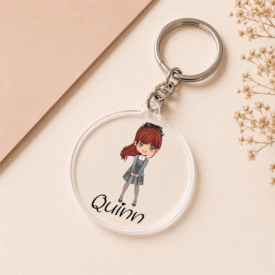 Personalised Fringe School Girl Acrylic Keyring | Custom Name Keychain | School Bag Charm | Cute Backpack Accessory | Personalised Gift for Girls