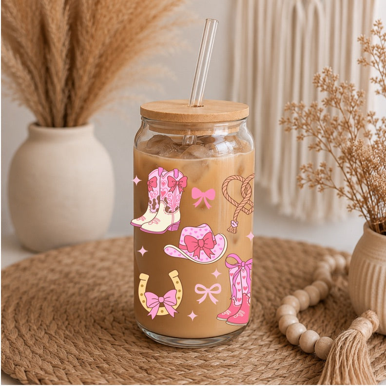 Pink Cowgirl Libbey Glass | 16oz Western Iced Coffee Glass | Pink Cowboy Boots & Hat Glass Can | Coquette Cowgirl Cup | Bamboo Lid & Glass Straw