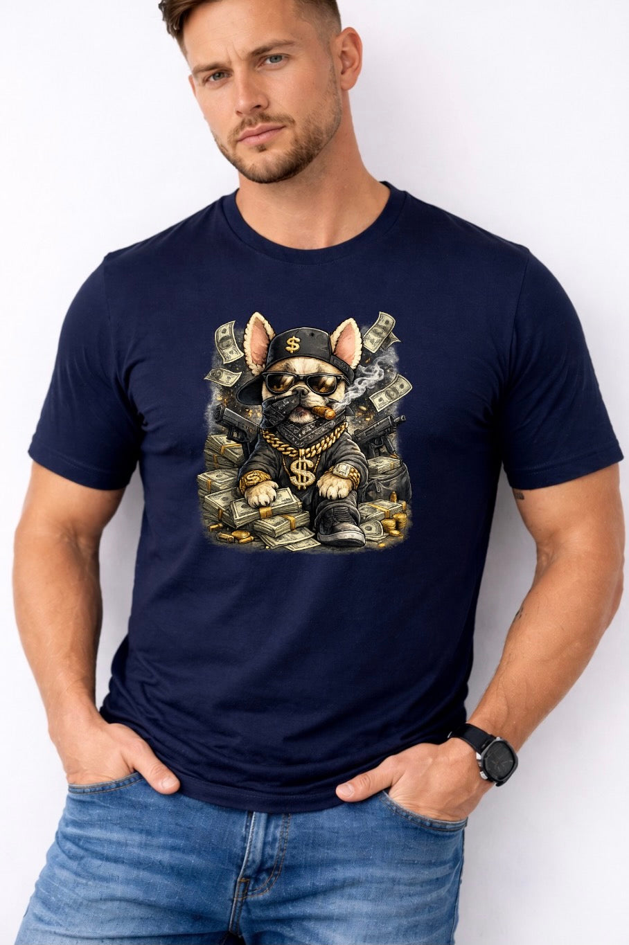 Gangster French Bulldog Graphic T-Shirt – Streetwear Money Dog Unisex Tee | Urban Hip Hop Style Shirt