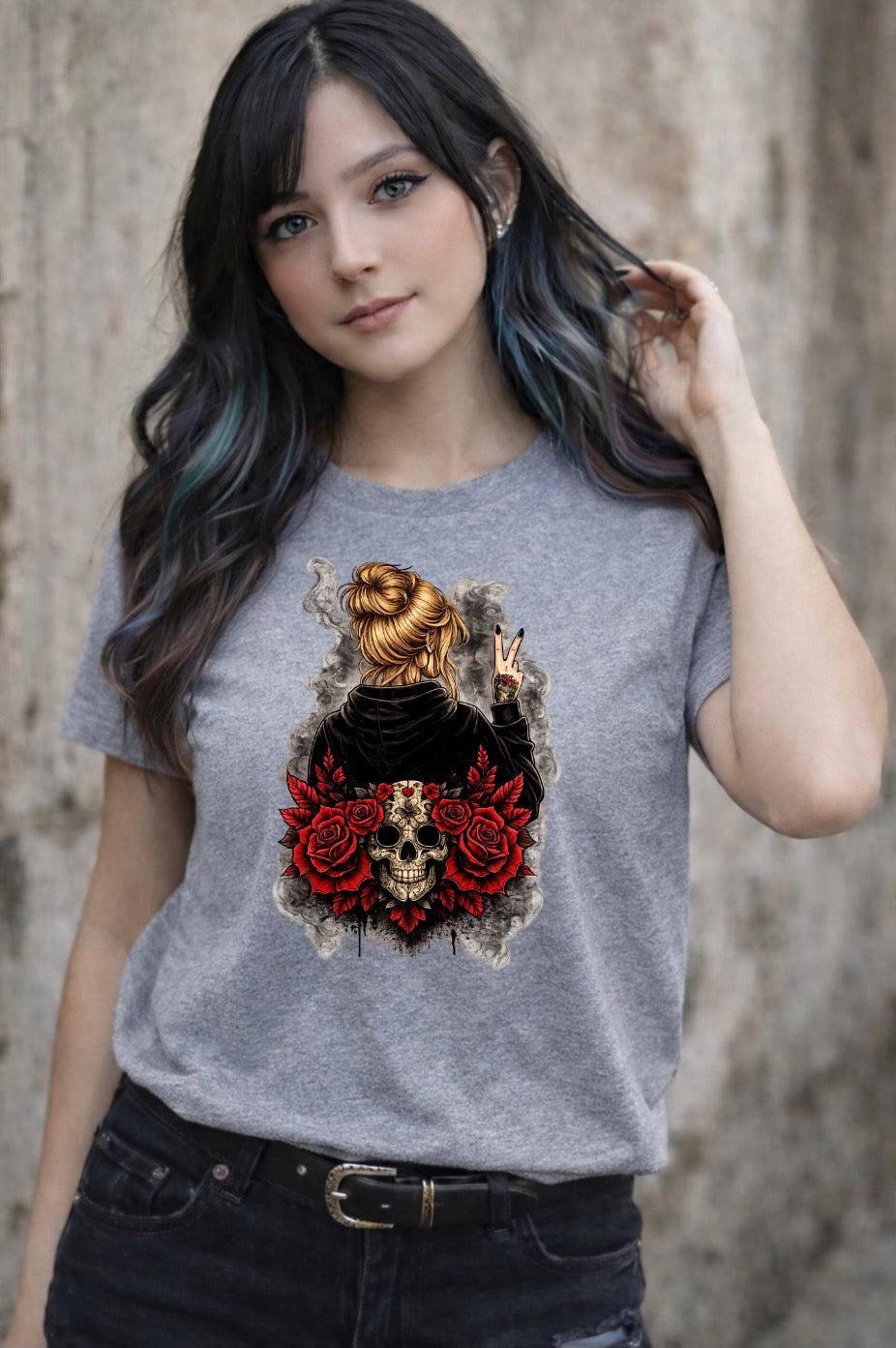 Gothic Skull & Red Roses Graphic T-Shirt – Alternative Peace Sign Girl Unisex Tee -Tattoo-Style Shirt