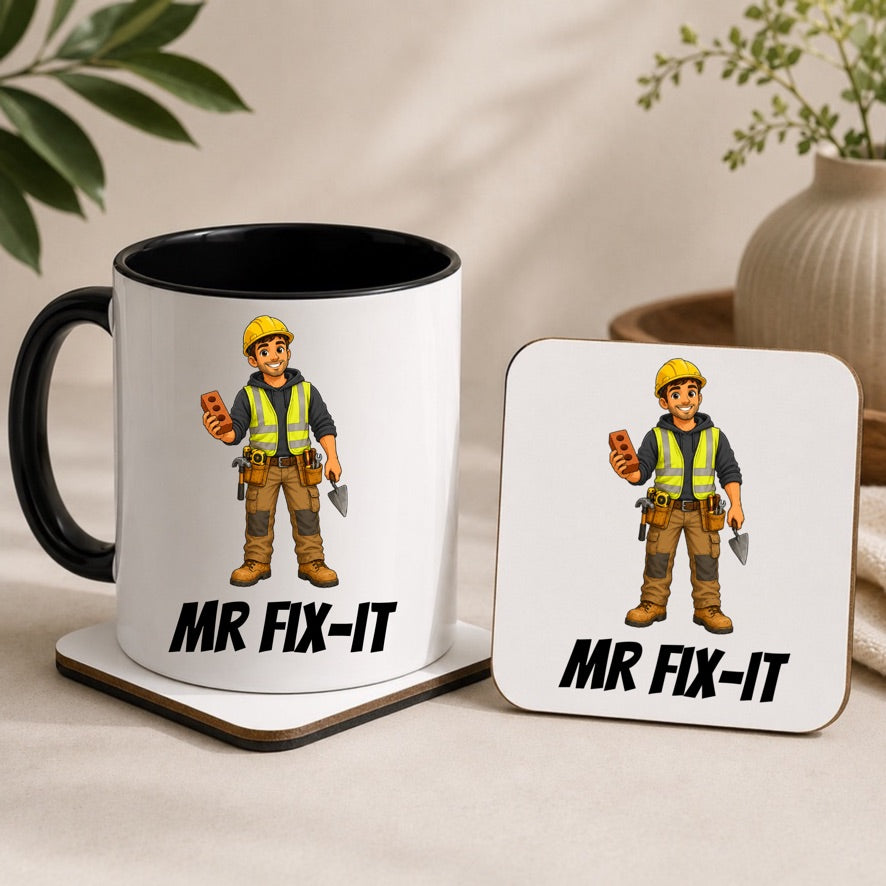 Mr Fix-It Builder Mug & Coaster Gift Set | Builder Gift | Funny Construction Mug | Tradesman Gift