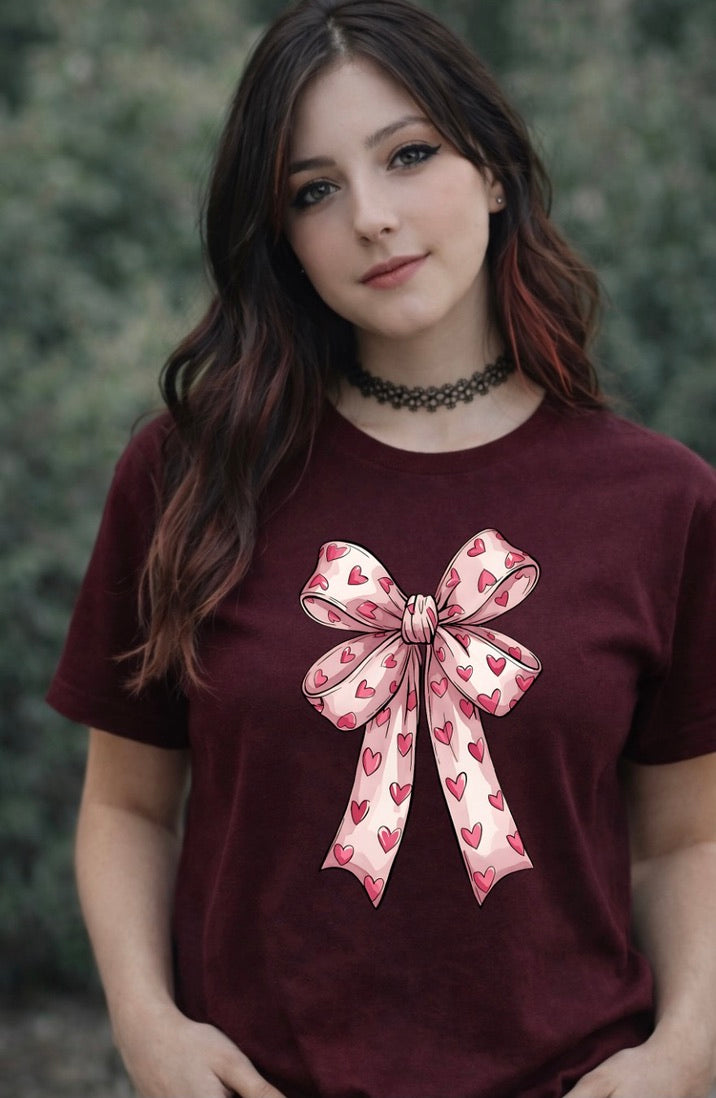 Pink Heart Bow Graphic T-Shirt – Coquette Aesthetic Unisex Tee - Soft Cotton Everyday Shirt