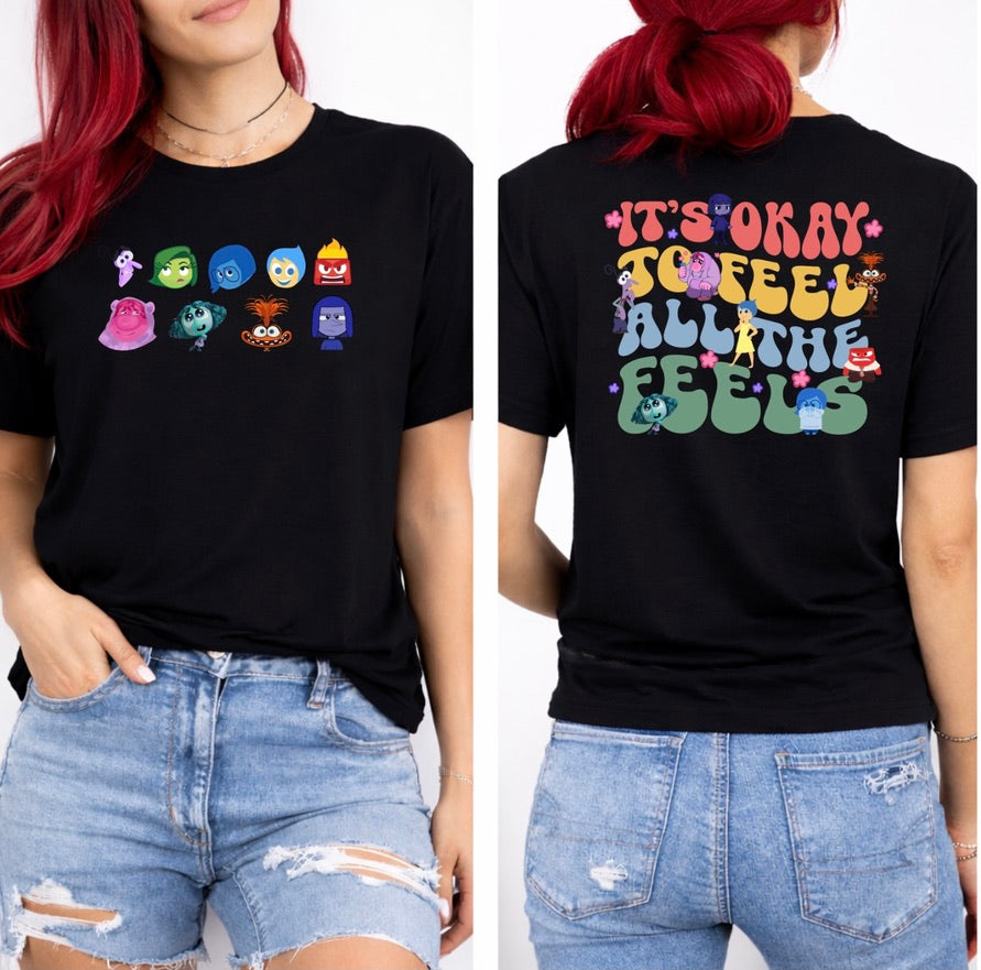 It’s Okay to Feel All the Feels Front & Back Graphic T-Shirt – Colourful Emotions Character Tee