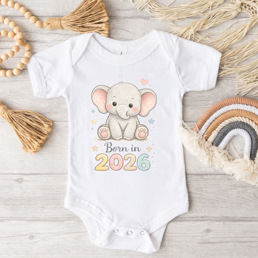 Born in 2026 Elephant Baby Bodysuit – Cute Baby Announcement Onesie, Newborn Keepsake Outfit