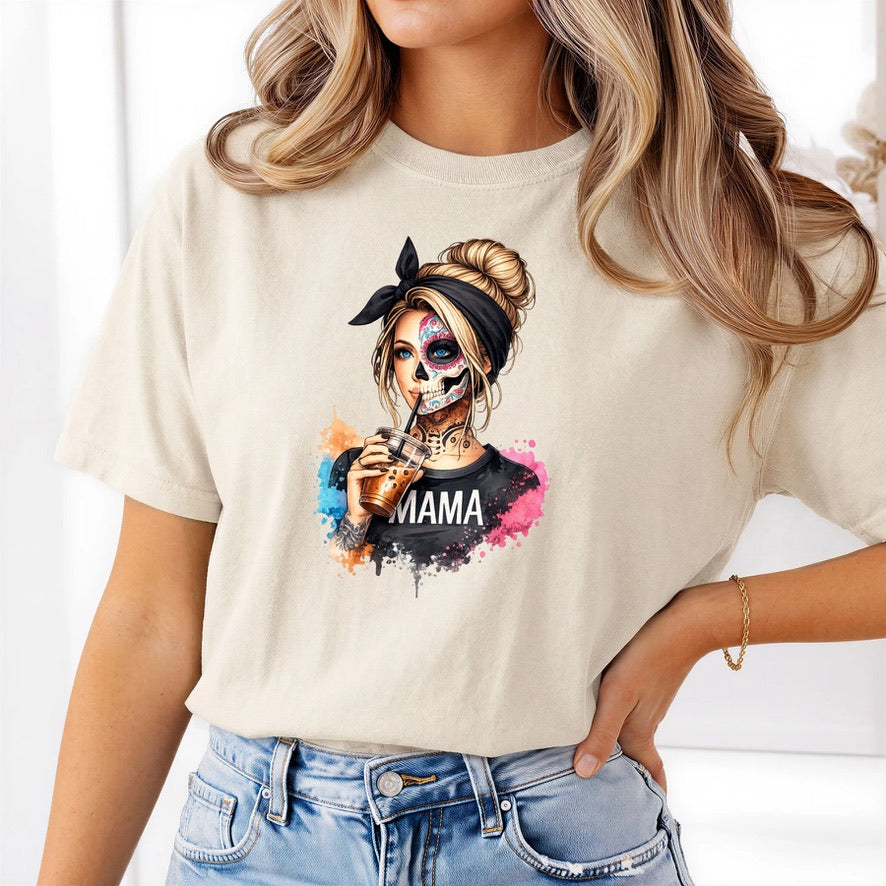 Sugar Skull Mama T-Shirt – Day of the Dead Mom Graphic Tee, Gothic Coffee Lover Shirt