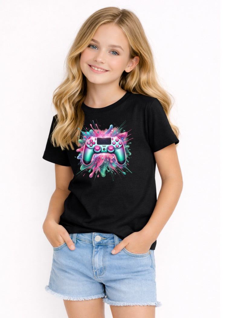 Kids Gamer Controller T-Shirt – Colourful Video Game Graphic Tee for Girls