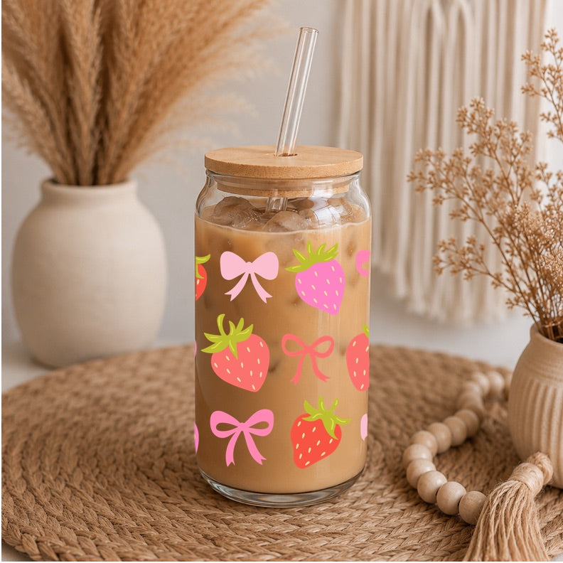 Strawberry & Pink Bow Libbey Glass | 16oz Iced Coffee Cup | Cute Strawberry Glass Can | Bamboo Lid & Glass Straw