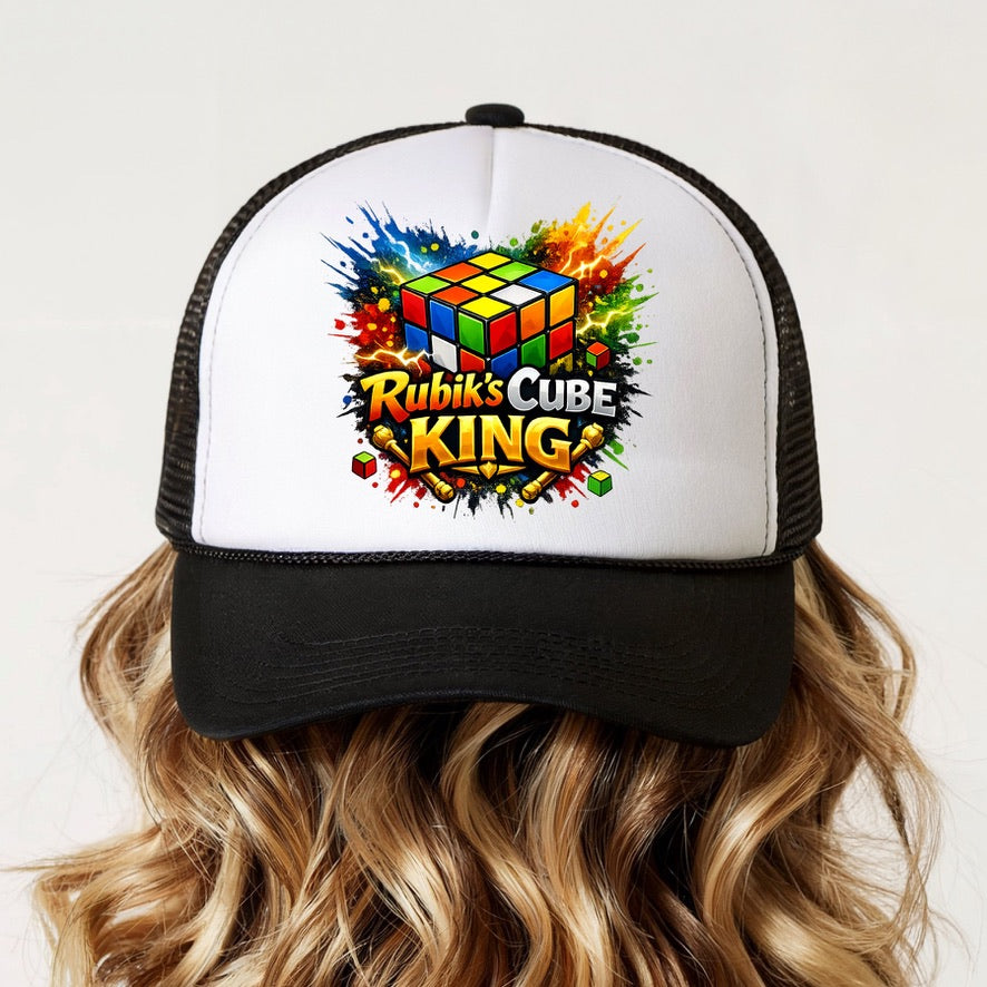 Kids Rubik's Cube King Trucker Cap | Puzzle Lover Snapback Hat | Colourful Mesh Baseball Cap for Boys & Girls