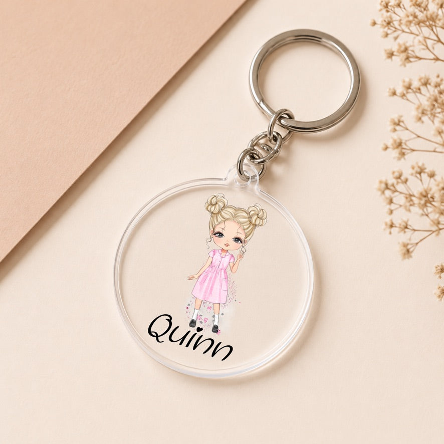 Personalised School Girl Dress Acrylic Keyring | Custom Name Keychain | School Bag Charm | Cute Backpack Accessory | Personalised Gift for Girls