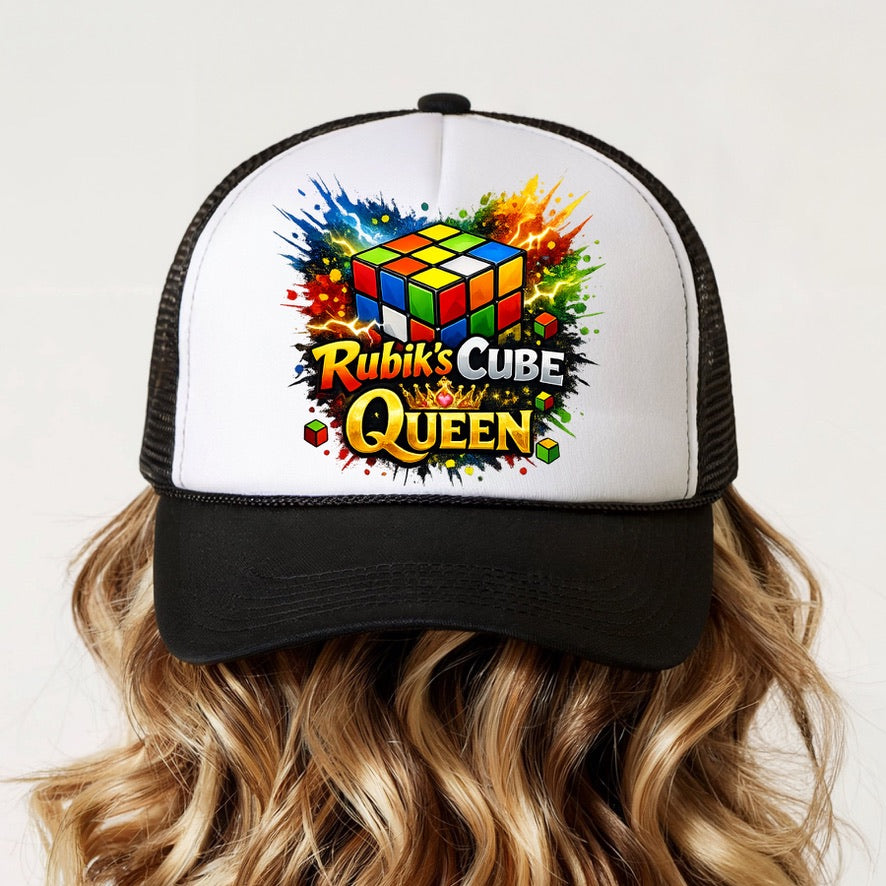 Kids Rubik's Cube Queen Trucker Cap | Puzzle Lover Snapback Hat | Colourful Mesh Baseball Cap for Girls