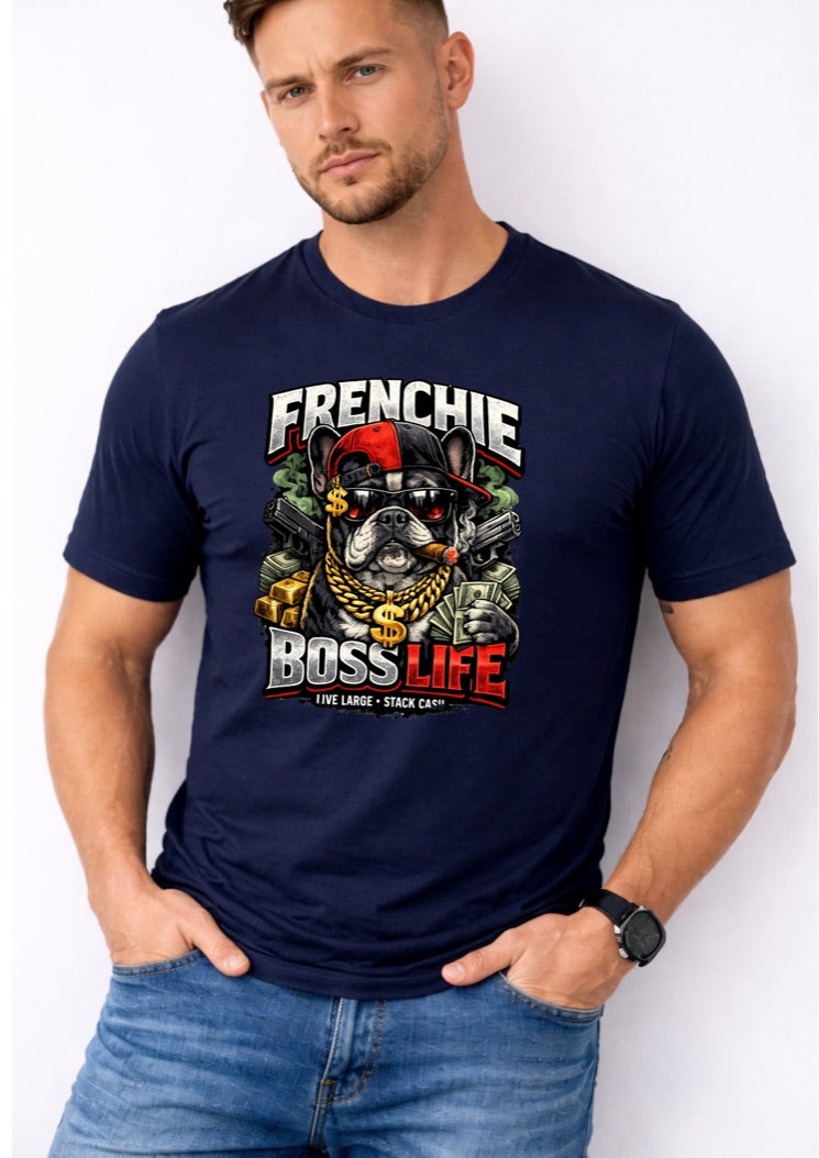 Frenchie Boss Life T-Shirt – Funny Bulldog Graphic Tee – Hip Hop Dog Shirt for Men