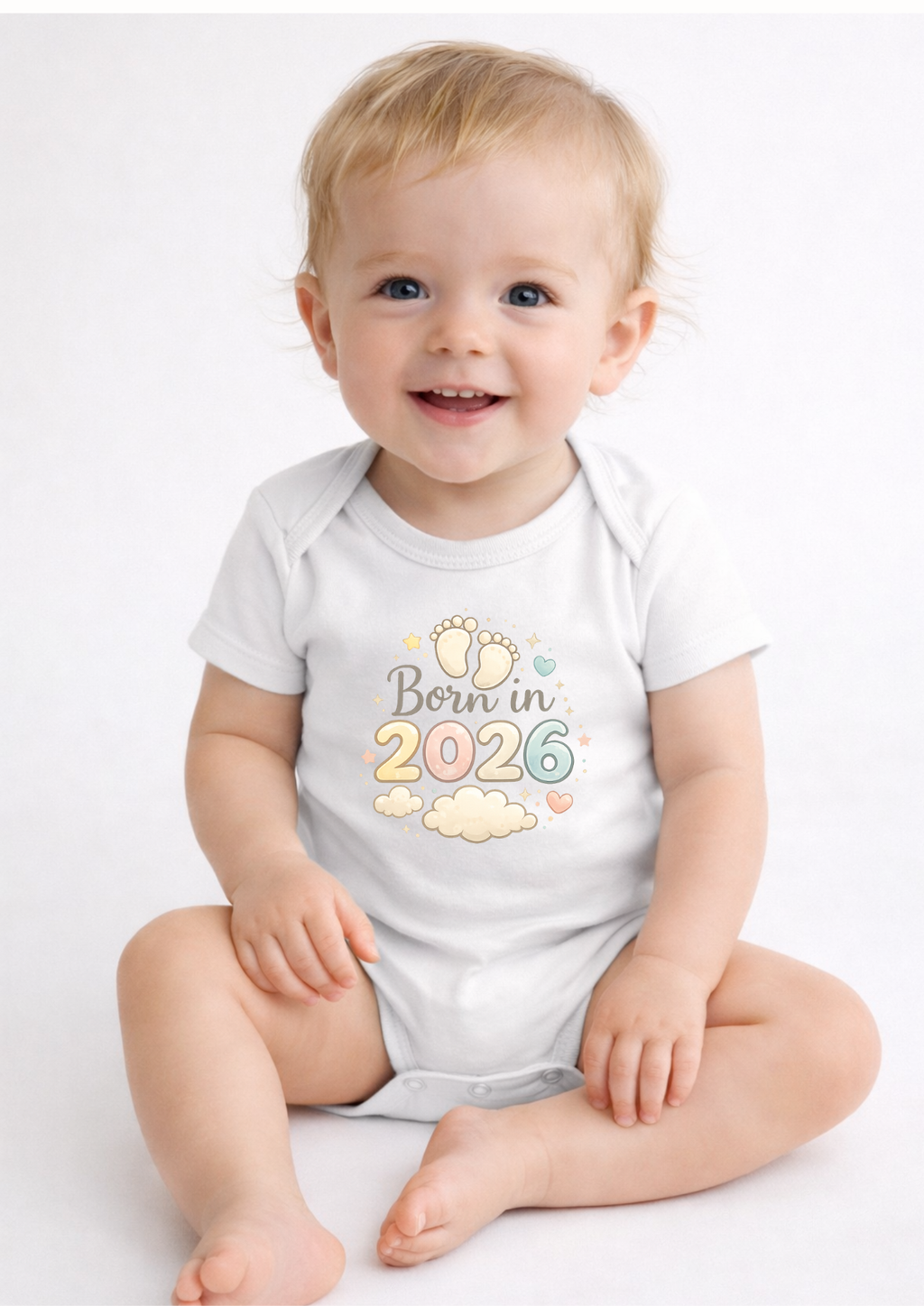 Born in 2026 Baby Bodysuit – Cute Newborn Announcement Onesie with Pastel Feet Design