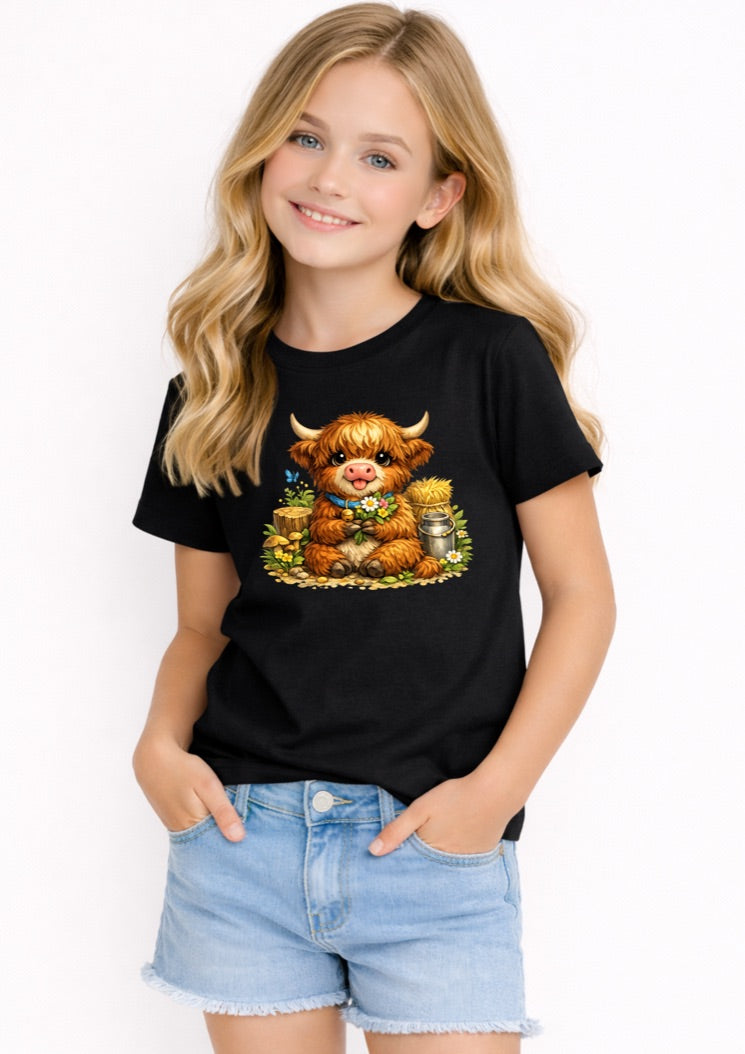 Cute Highland Cow Kids T-Shirt – Adorable Farm Animal Graphic Tee for Girls
