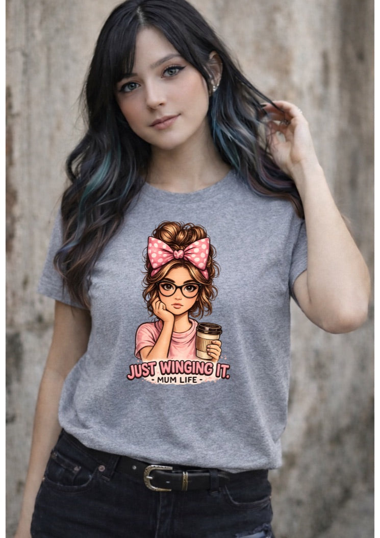 Just Winging It Mum Life T-Shirt – Funny Mom Graphic Tee – Cute Coffee Lover Shirt for Moms – Motherhood Gift