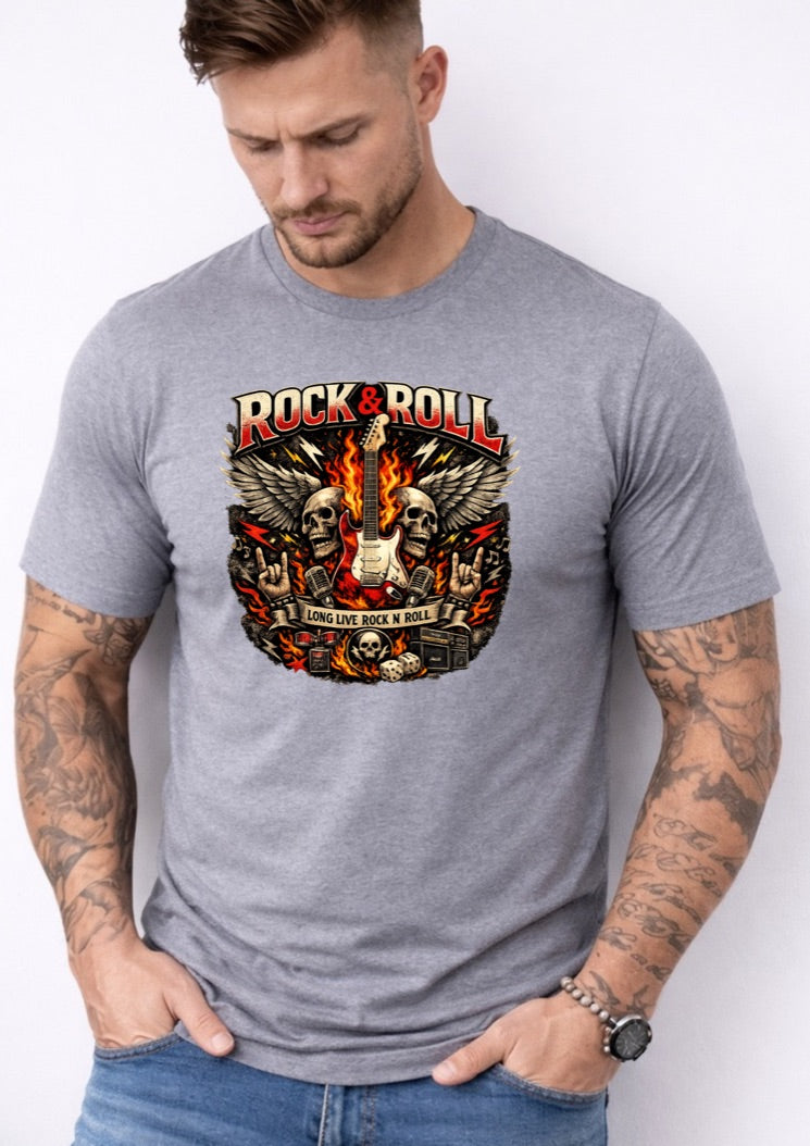 Rock & Roll Skull Graphic T-Shirt – Long Live Rock N Roll Guitar Tee – Vintage Rocker Shirt