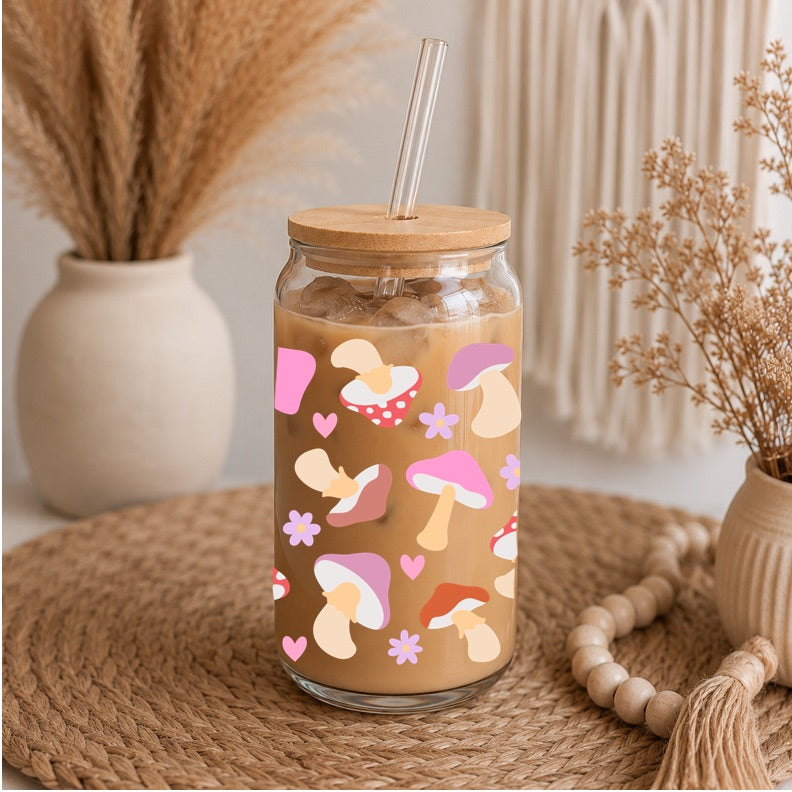 Cute Mushroom Libbey Glass | 16oz Iced Coffee Glass | Pink Mushroom Glass Can | Cottagecore Cup | Bamboo Lid & Glass Straw