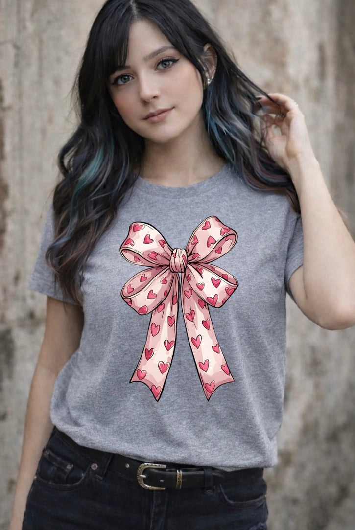 Pink Heart Bow Graphic T-Shirt – Coquette Aesthetic Unisex Tee - Soft Cotton Everyday Shirt