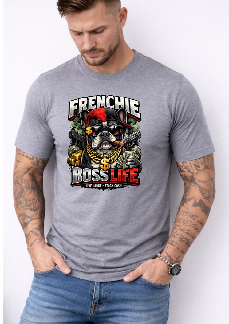 Frenchie Boss Life T-Shirt – Funny Bulldog Graphic Tee – Hip Hop Dog Shirt for Men