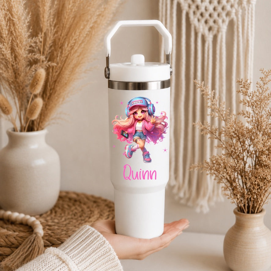 Personalised Gamer Girl 30oz Tumbler | Custom Name Gaming Travel Cup | Insulated Stainless Steel Water Bottle | Gamer Gift for Girls
