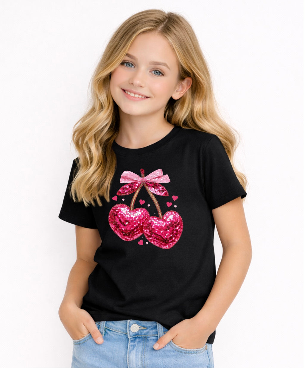 Cute Cherry Hearts Kids Graphic T-Shirt – Pink Sparkle Love Design for Girl