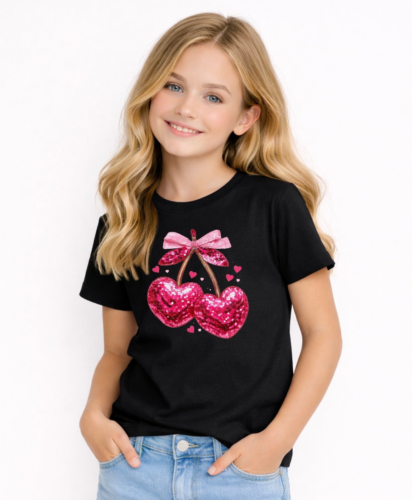 Cute Cherry Hearts Kids Graphic T-Shirt – Pink Sparkle Love Design for Girl
