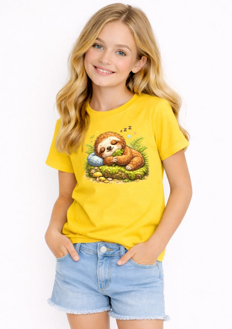 Cute Sleeping Sloth Kids T-Shirt – Adorable Woodland Animal Graphic Tee for Girls