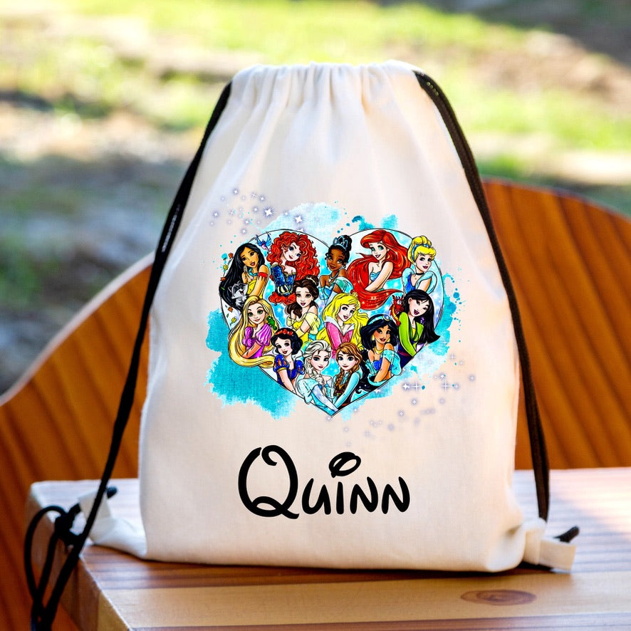 Personalised Princess Heart Drawstring Gym Bag | Custom Name PE Bag | Kids School Sports Bag | Nursery Drawstring Bag | Swimming Bag | Gift for Boys & Girls