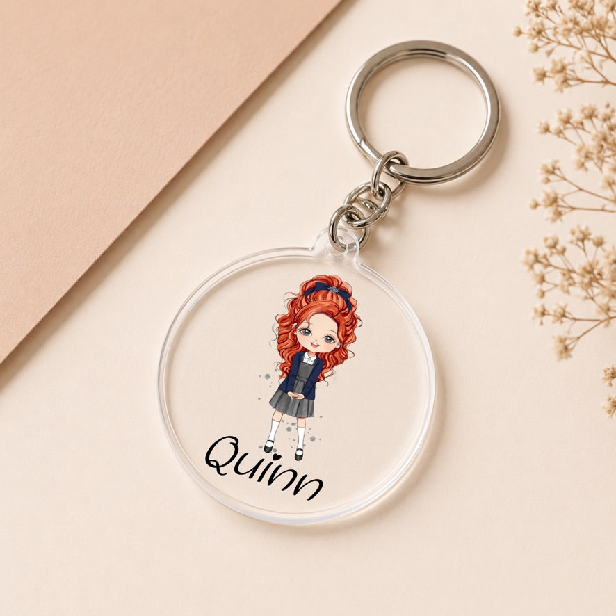 Personalised School Girl Acrylic Keyring | Custom Name Keychain | School Bag Charm | Cute Backpack Accessory | Personalised Gift for Girls