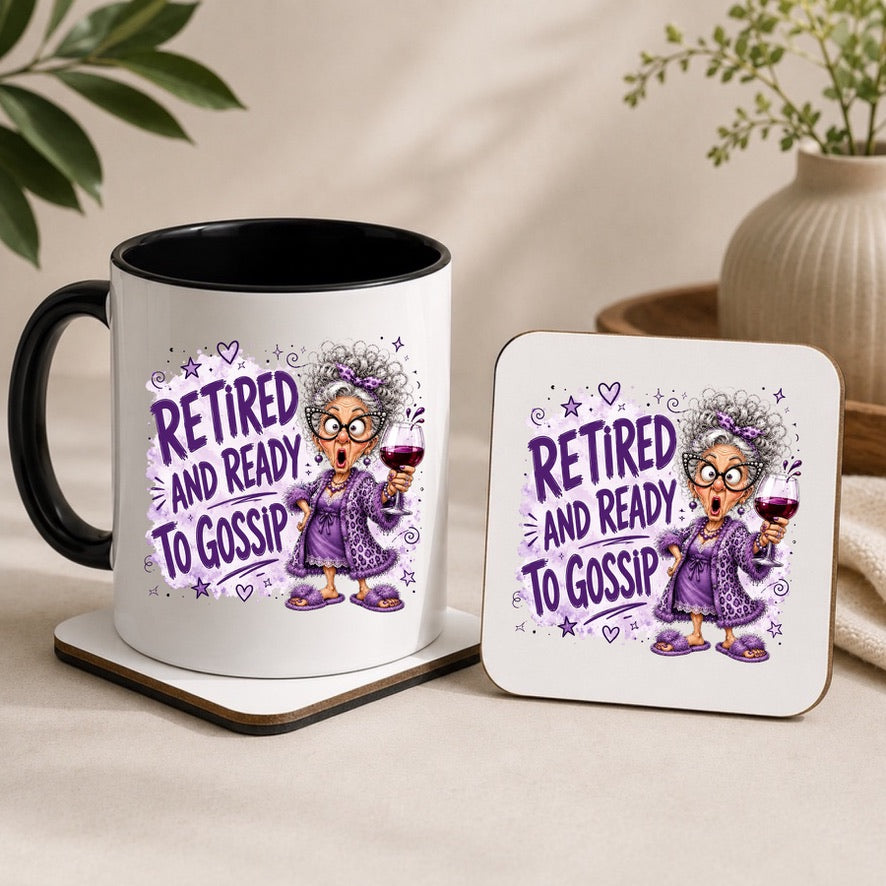 Retired and Ready to Gossip Mug & Coaster Set | Funny Retirement Gift | Retired Mug | Retirement Present for Her | Novelty Coffee Mug