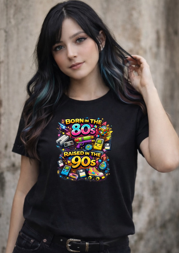 Born in the 80s Raised in the 90s T-Shirt – Retro 80s 90s Nostalgia Unisex Tee | Vintage Childhood Graphic Shirt