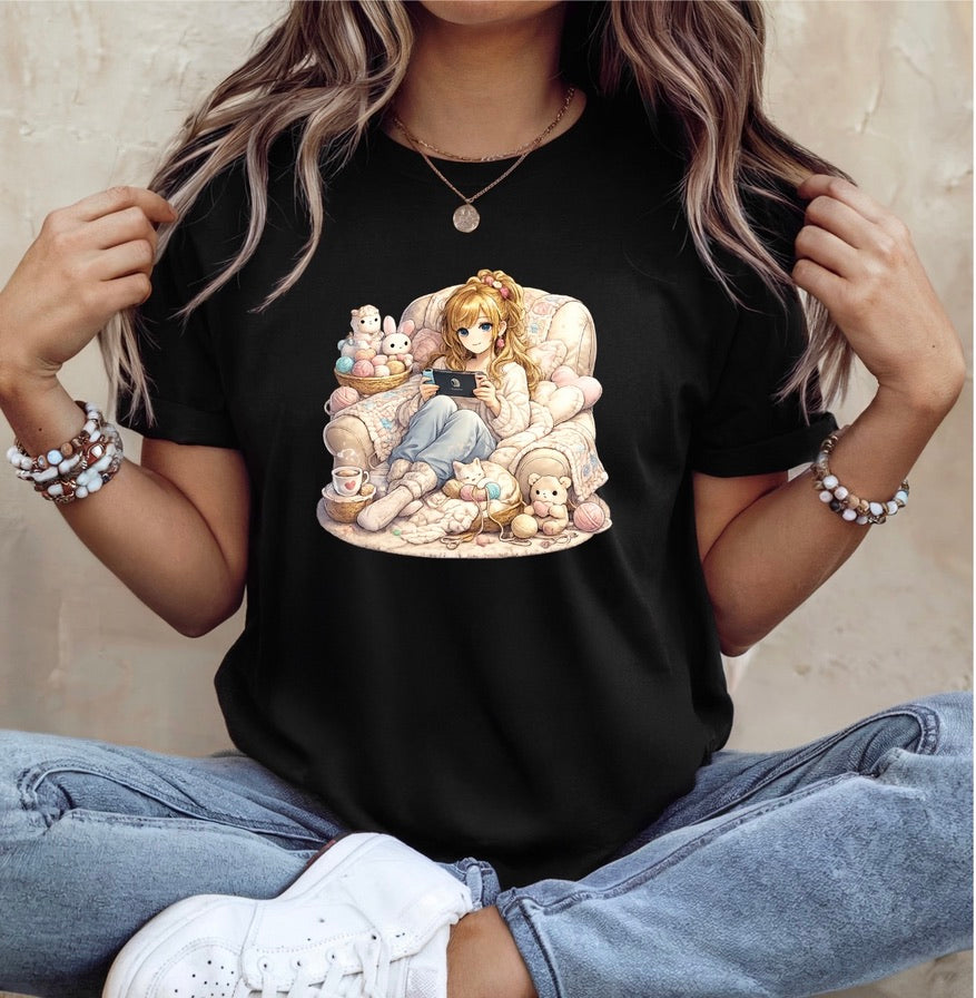 Cozy Anime Gamer Girl Graphic T-Shirt – Unisex Everyday Tee - Soft Cotton Gamer Shirt