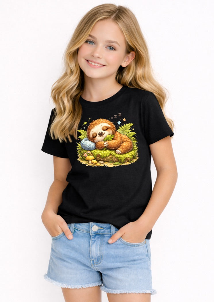Cute Sleeping Sloth Kids T-Shirt – Adorable Woodland Animal Graphic Tee for Girls