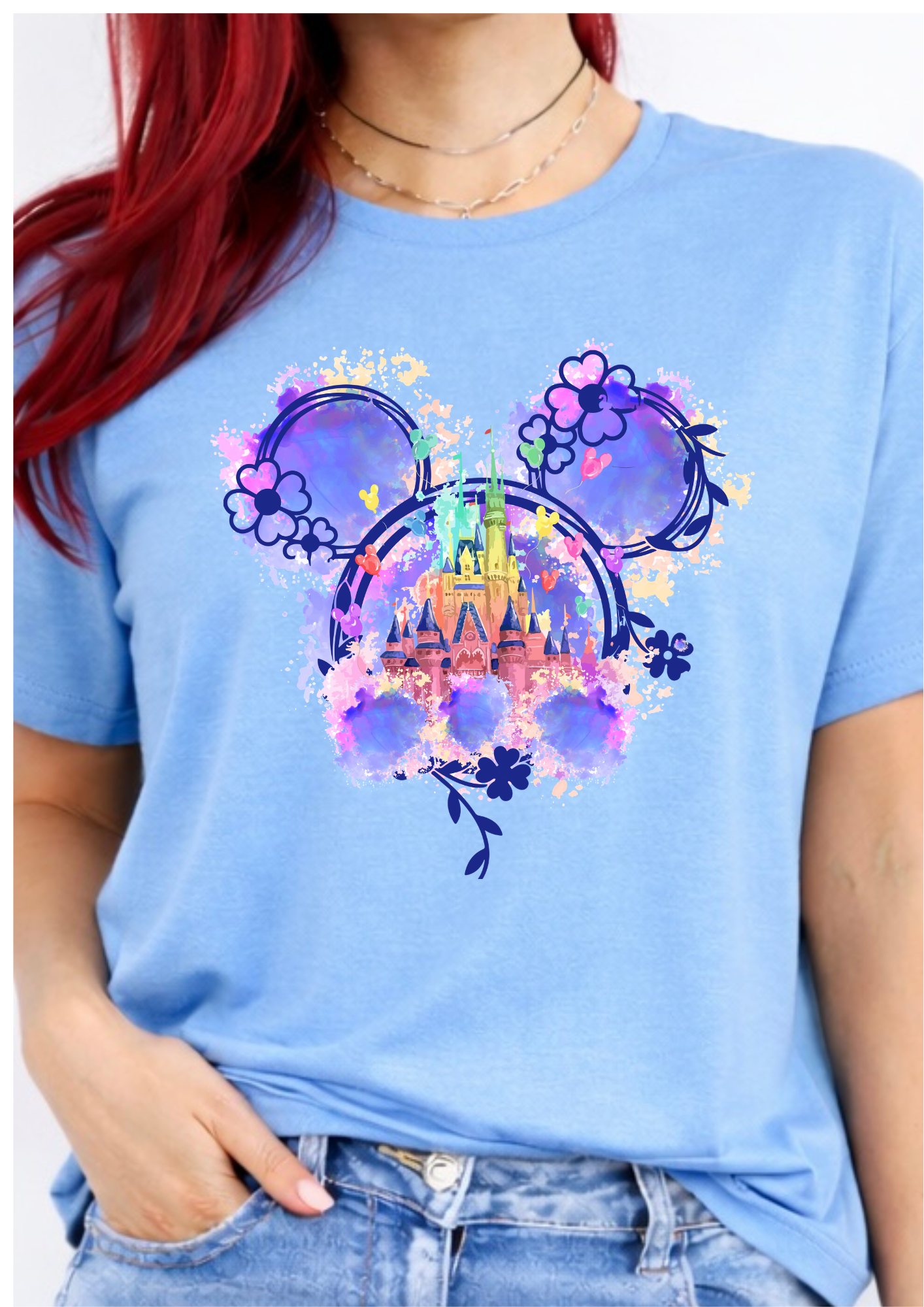 Watercolour Castle Mouse Ears Floral T-Shirt – Magical Theme Park Inspired Graphic Tee