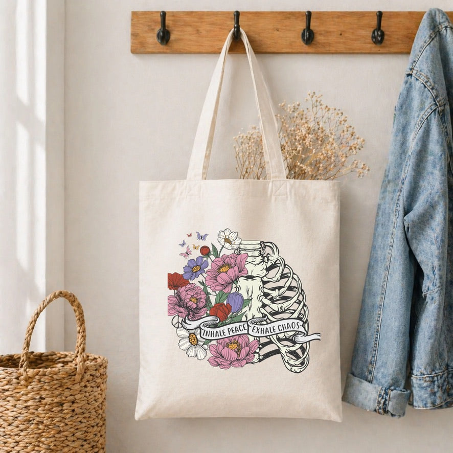 inhale exhale Cotton Tote Bag – Reusable Shopping Bag | Eco-Friendly Everyday Canvas Tote | Beach, School & Work Bag
