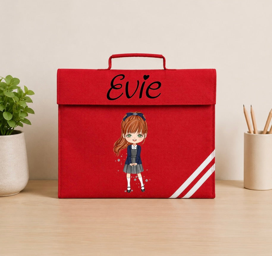 Personalised School Girl With Fringe Book Bag – Custom Chibi Design 🎒✨