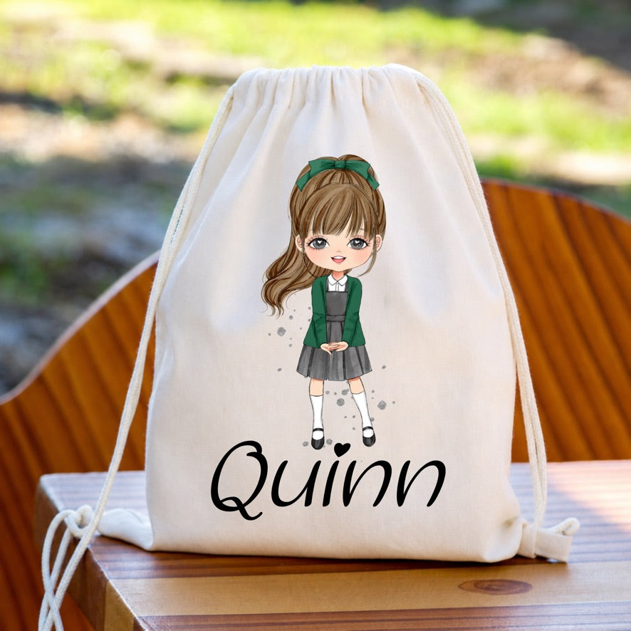 Personalised Fringe School Girl Drawstring PE Bag | Custom Name Gym Bag | School PE Kit Bag | Nursery Drawstring Bag | Swim Bag | Back to School Gift