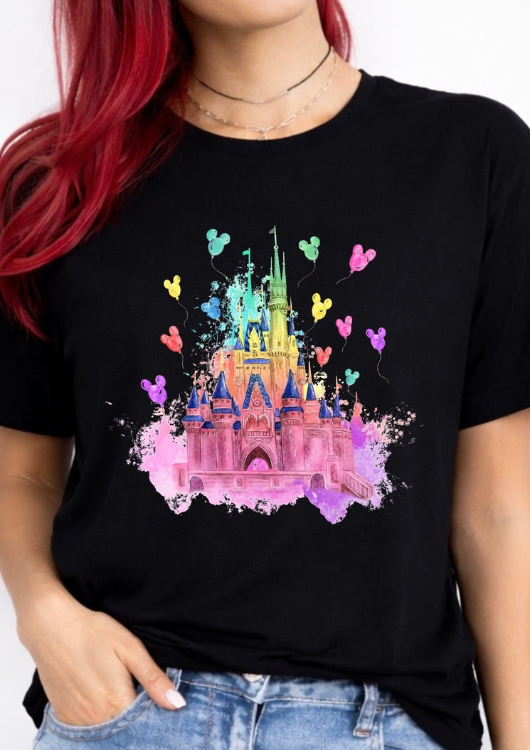 Watercolor Fairytale Castle T-Shirt – Colorful Magic Kingdom Inspired Graphic Tee
